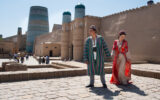 Uzbekistan Khiva wedding couple in traditional costume