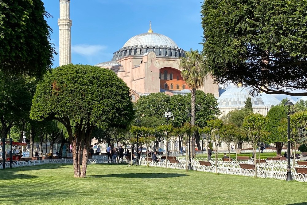 exterior of Hagia Sophia mosque and surrounding park in Istanbul—with no crowds.