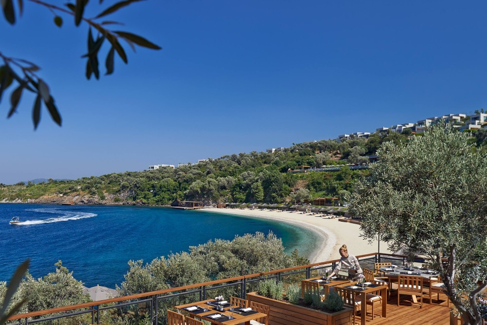 view over beach from restaurant at Mandarin Oriental hotel Bodrum Turkey