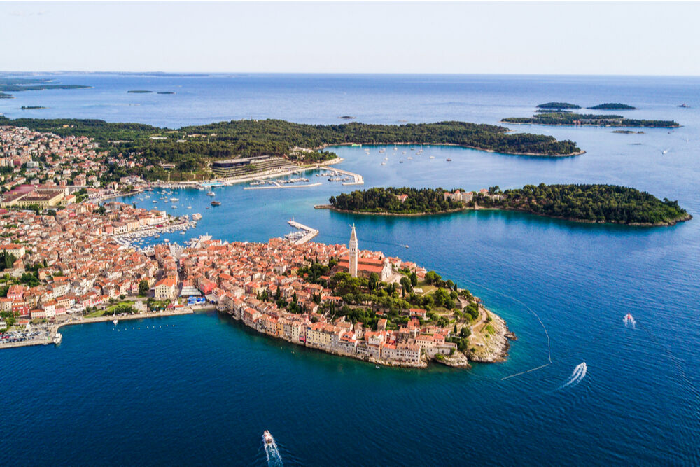 Beautiful Rovinj aerial view from above the Adriatic sea. The old town of Rovinj, Istria, Croatia