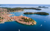 Beautiful Rovinj aerial view from above the Adriatic sea. The old town of Rovinj, Istria, Croatia