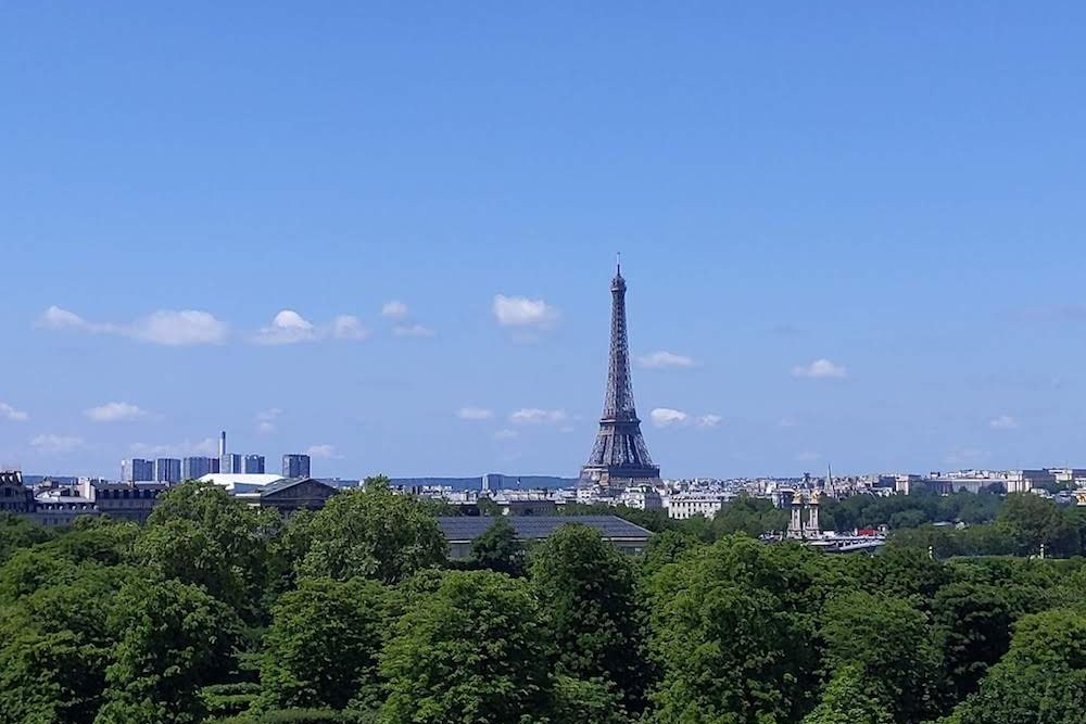 view of the Eiffel Tower across the green treetops of the Tuileries Garden taken from a balcony at Le Meurice hotel