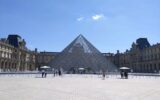 Paris Louvre pyramid plaza empty right after Paris reopening after covid lockdown