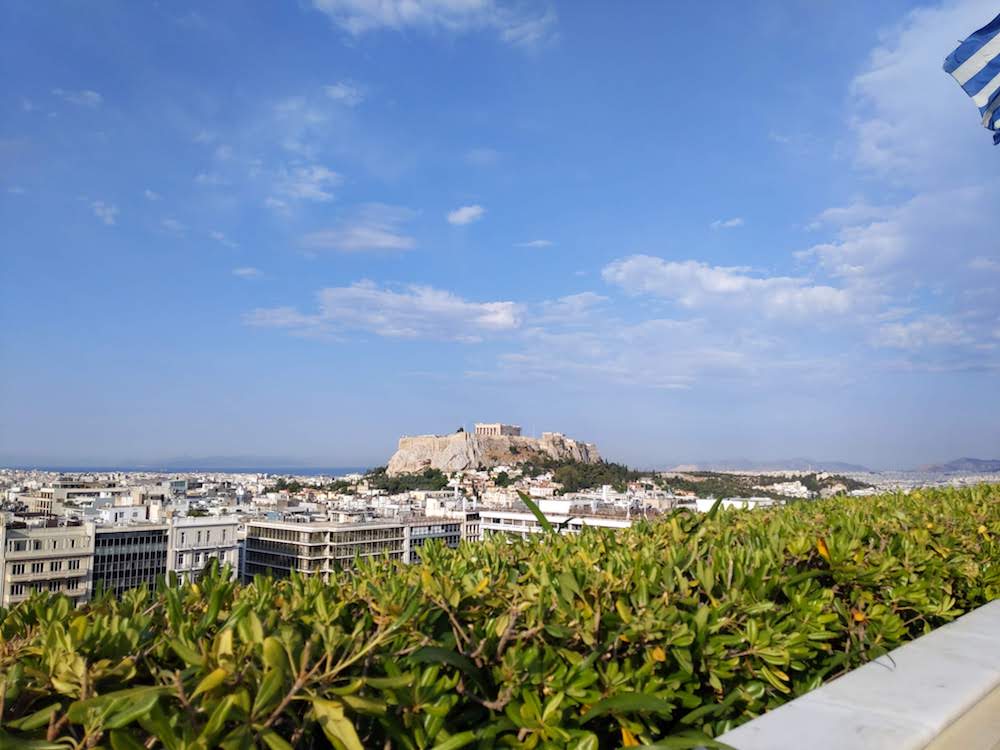 The rooftop restaurant at the Hotel Grand Bretagne has a clear view to the Acropolis.