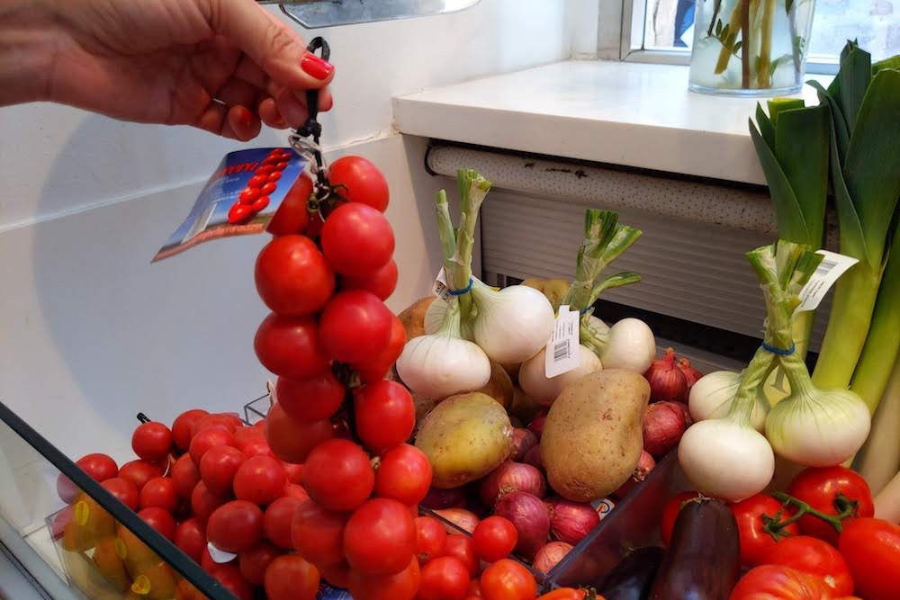 Barcelona Spain Vila Viniteca market with tomatoes-June 2021