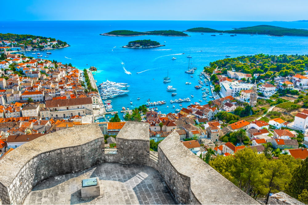 Aerial view at amazing archipelago in front of town Hvar, Croatia Mediterranean.