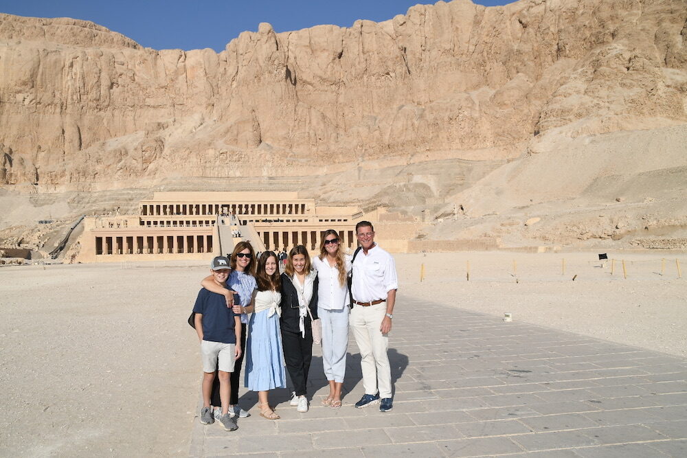 family of travelers in Egypt at Hatshupset Temple