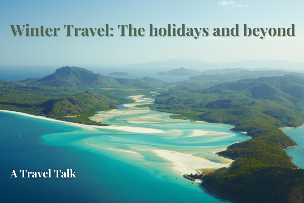 aerial view of whitsundays with text about a zoom talk about Winter Travel