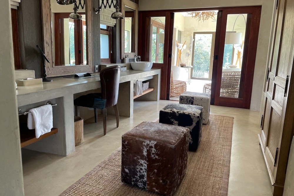 The indoor/outdoor bathroom in my suite at Sabi Sabi Bush Lodge in South Africa