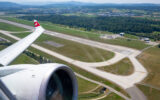 view of zurich airport runway from plane window