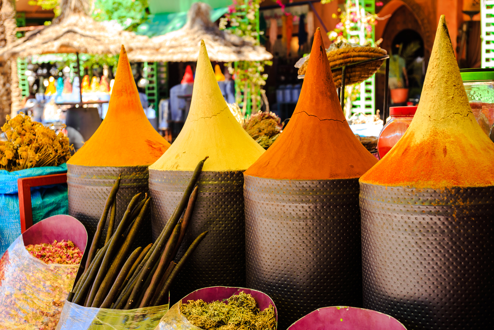 A spice stall at a market in Marrakech, Morocco. 