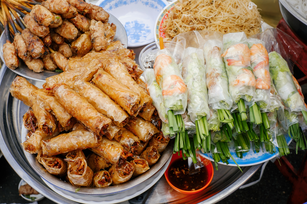 Traditional spring rolls in Vietnamese night market.