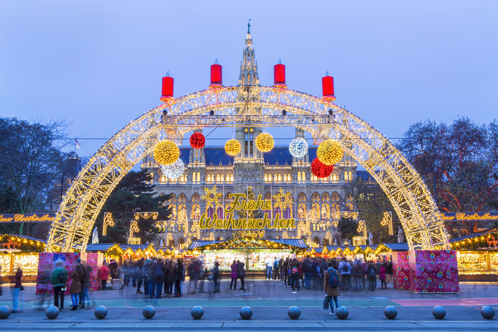 Christmas market and decorations in Vienna park next to City Hall (Rathaus), Austria,Vienna.