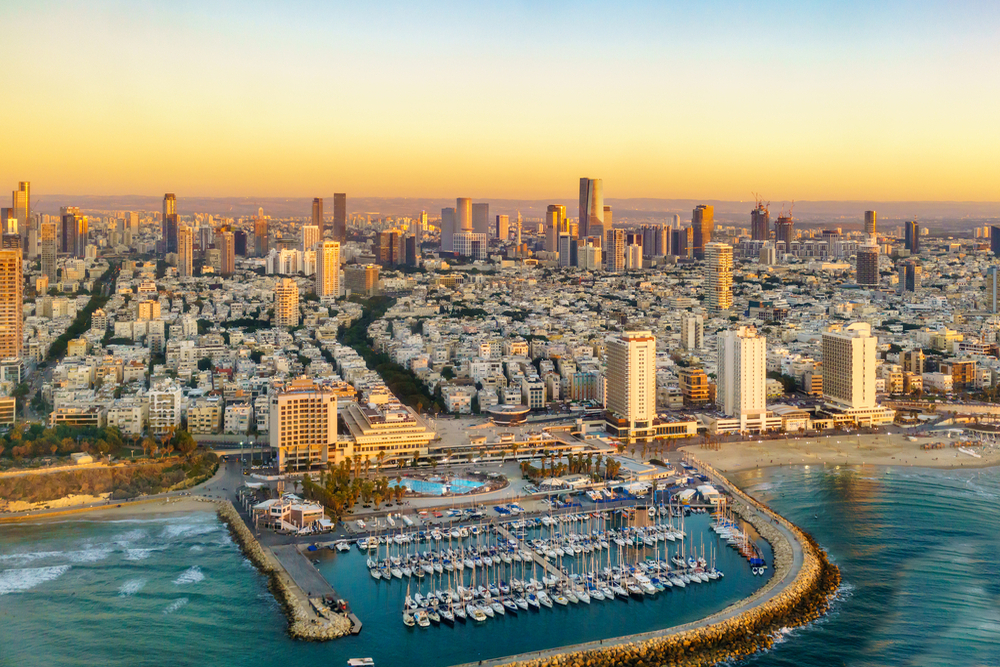 Aerial sun set view of Mediterranean Seashore of Tel Aviv, Israel.