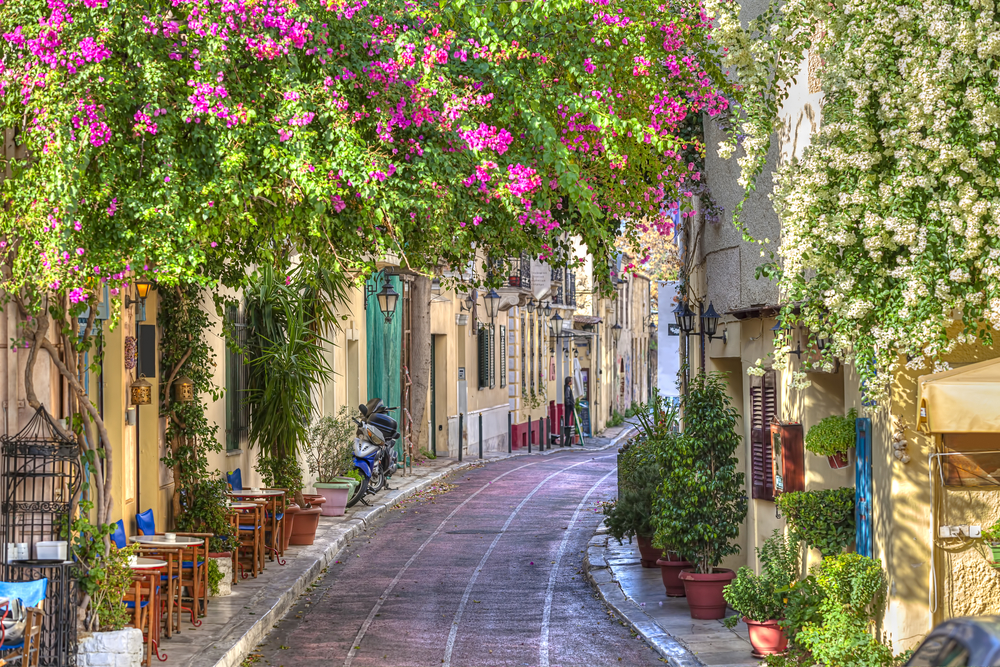Traditional houses in Plaka area under Acropolis, Athens, Greece.
