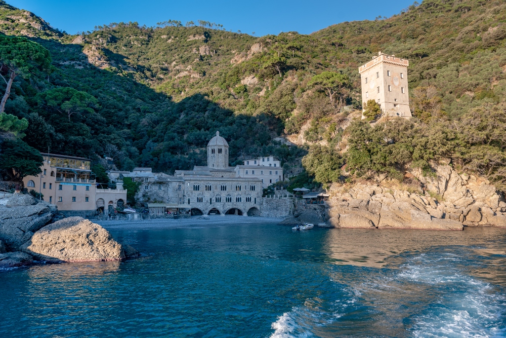 View of San Fruttuoso Bay in Liguria, Italy.