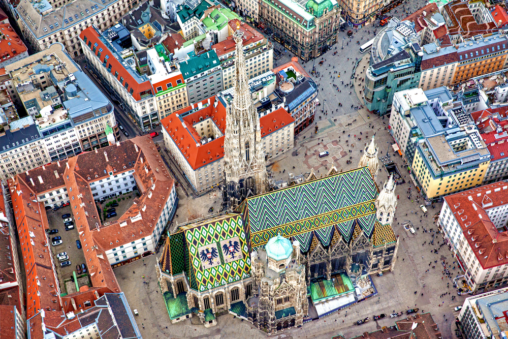 Roof of St. Stephen’s Cathedral in Vienna captured from above.