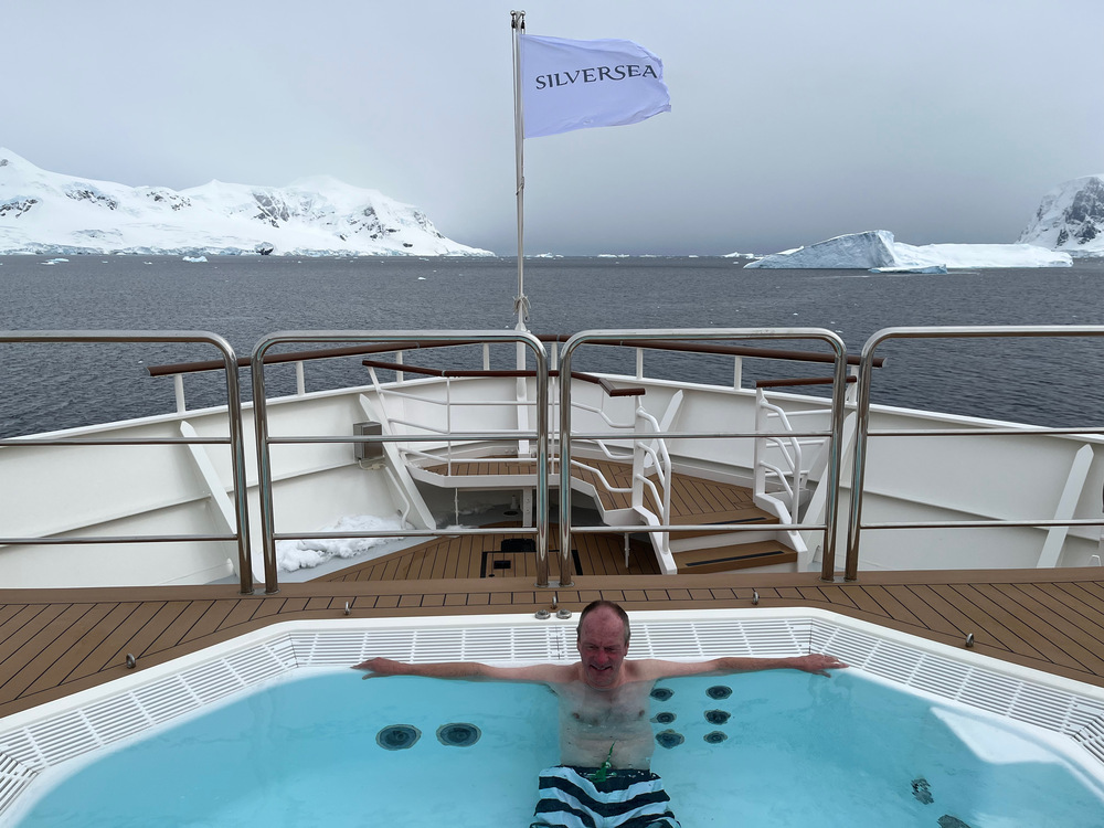 View of Antarctica landscape from the cruise ship hot tub.