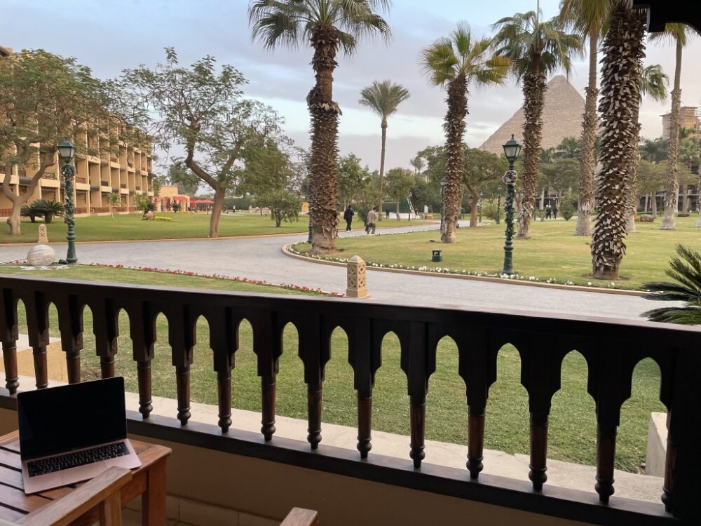 View of pyramids from the balcony at the Marriott Mena House.