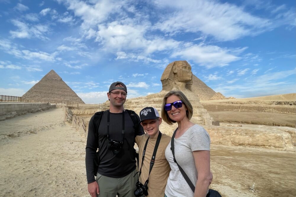 Brook and her family at the Sphinx statue with no other people around.