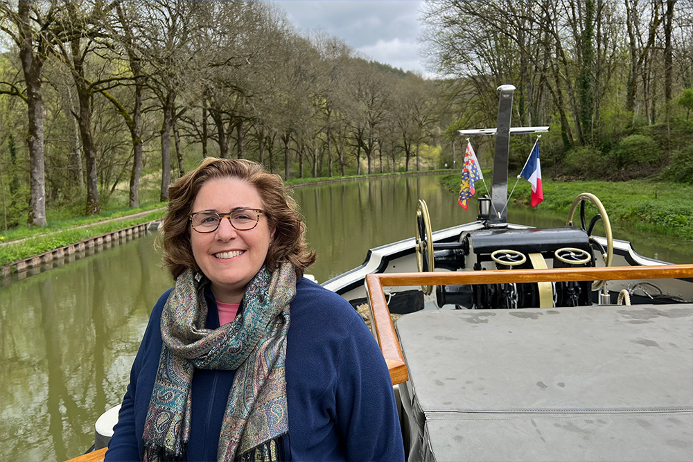 Wendy aboard a "hotel barge" on the Canal de Bourgogne in Burgundy, France