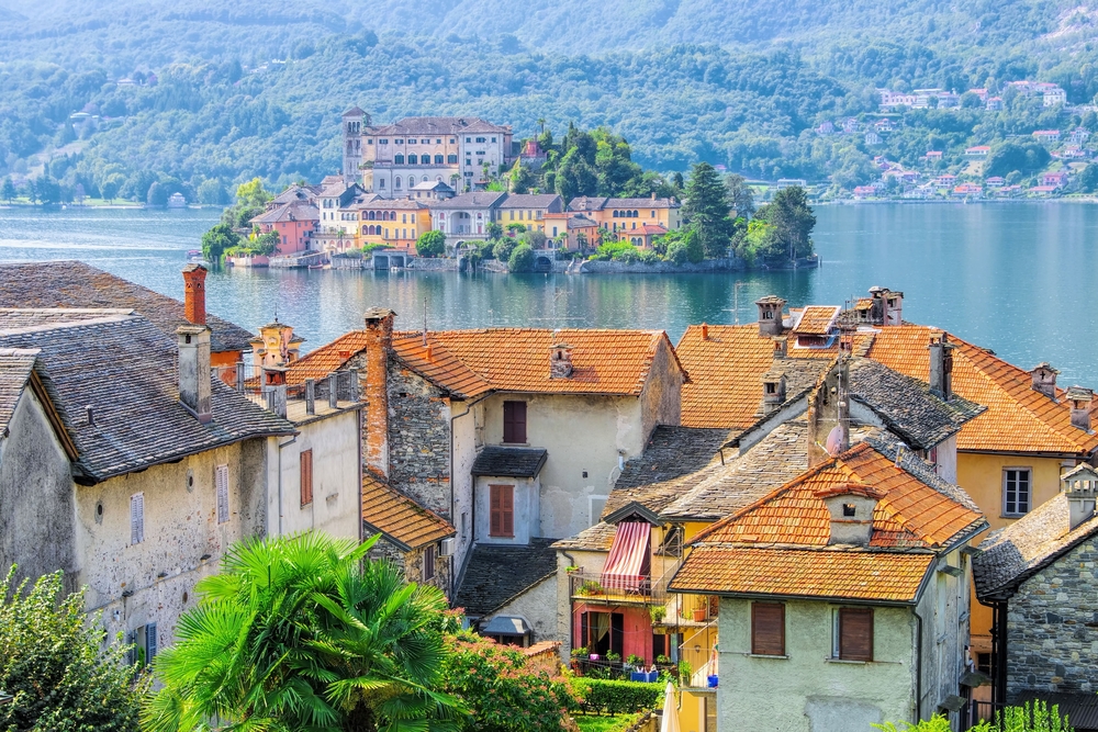 View of the island Isola San Giulio at the Lake Orta in Italy.