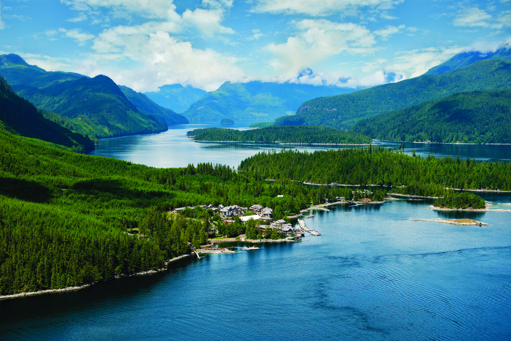 Aerial view of Sonora Resort in the heart of Discovery Islands surrounded by nature.