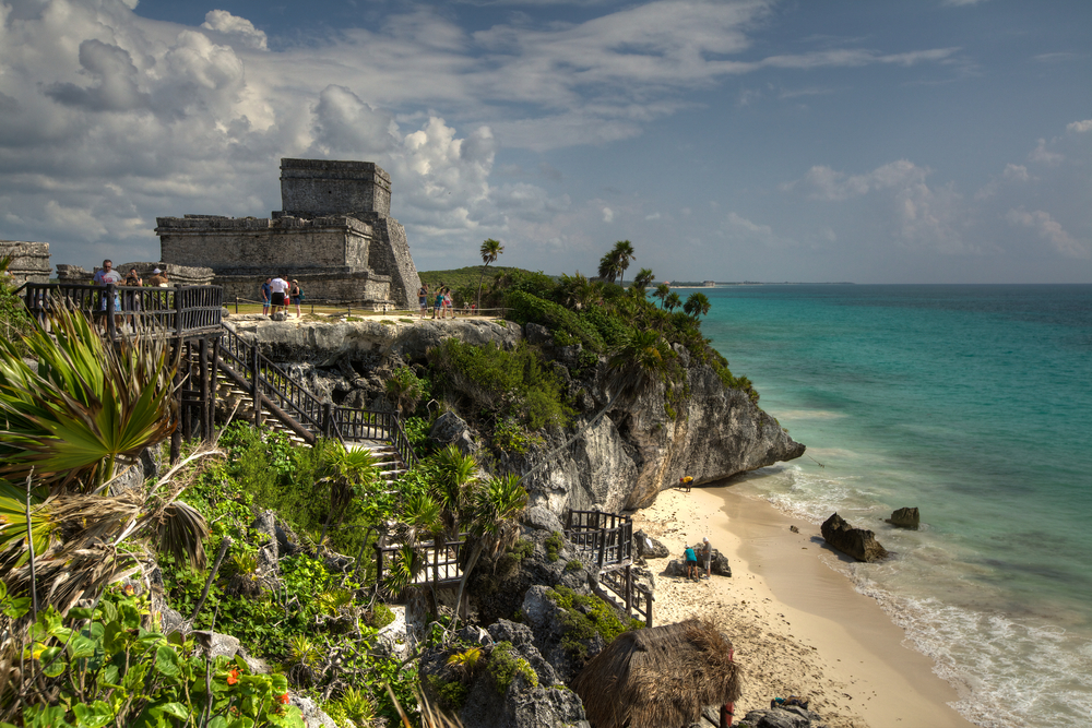 View from the beach in a quiet day at the Mayan ruins in Tulum, Mexico.