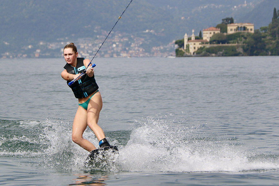 Andrea's daughter on her private wakeboarding session on Lake Como.