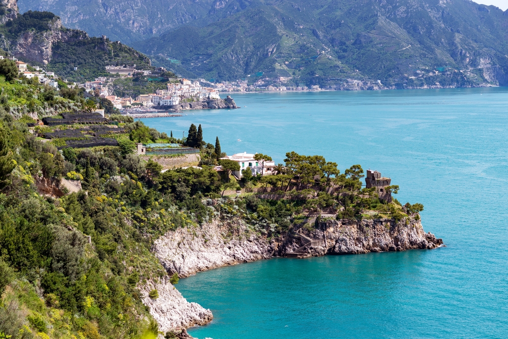Scenic overlook of the Tyrrhenian Sea along the Amalfi Coast of Italy.