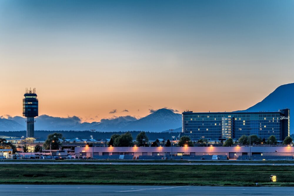 Sunset over Vancouver Airport’s Fairmont Hotel.