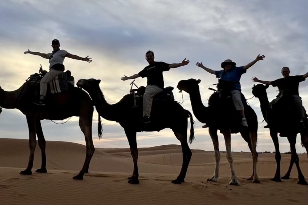 Travelers riding camels in the Sahara Desert, Morocco.