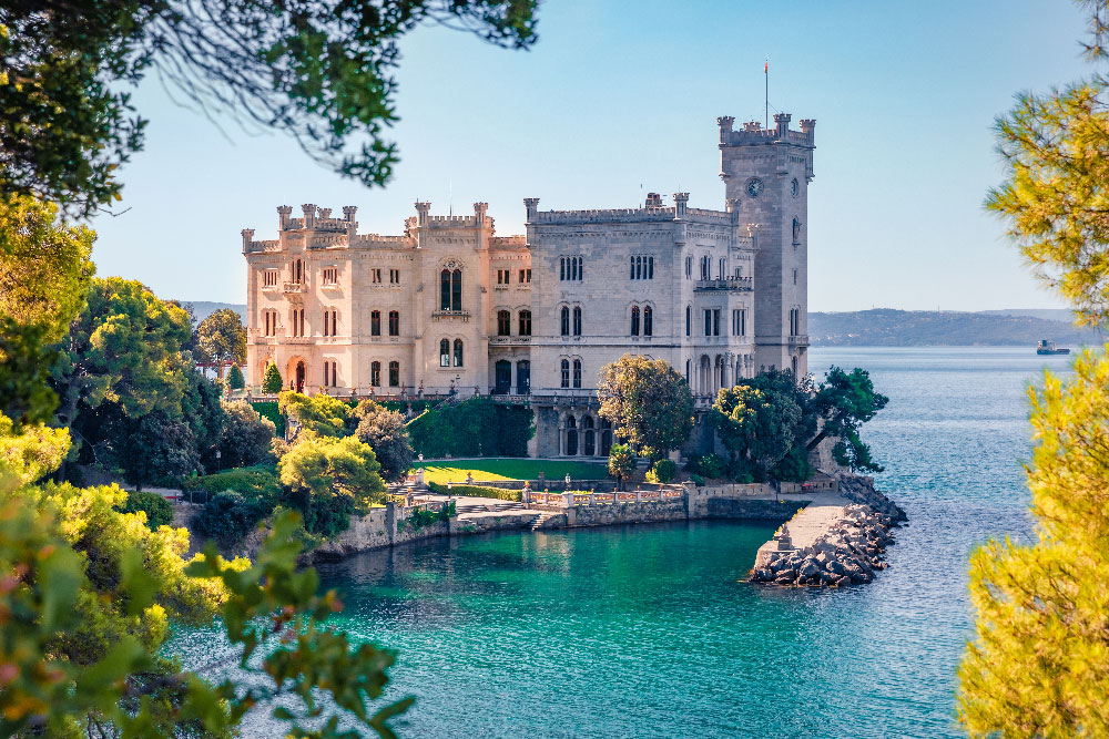Morning seascape of Adriatic sea with the Miramare Castle.