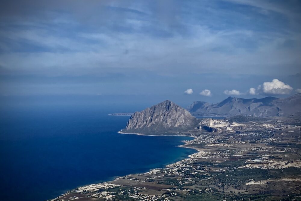 The view of Sicily's western coastline and Monte Cofano seen from Erice. 