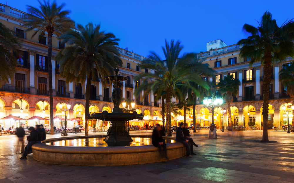 Placa Reial on a winter evening, not too crowded with people, Barcelona, Spain.
