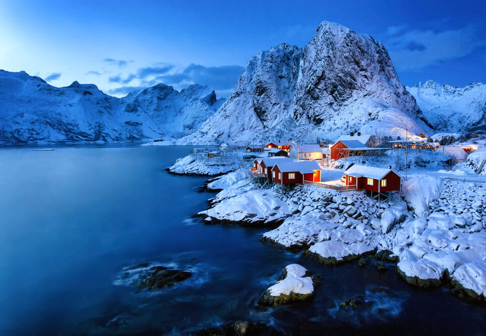 A village in the Lofoten Islands at night.