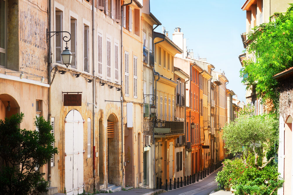 A colorful and old town street of Aix in Provence, France.