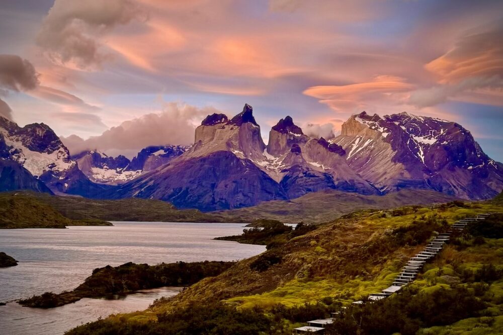 Sunset over the peaks of Torres del Paine National Park in Chile.