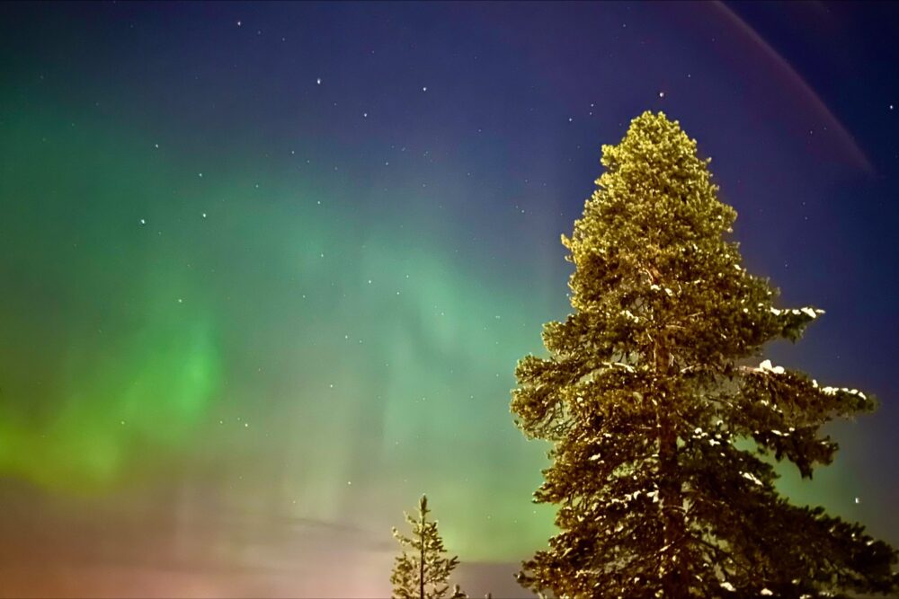 The northern lights captured by the traveler from his suite's porch at the Arctic TreeHouse Hotel in Finland.