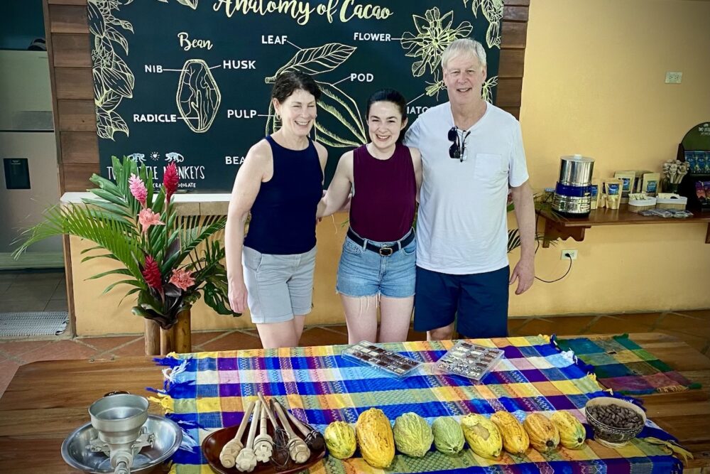 Travelers at the cacao workshop at Two Little Monkeys, Costa Rica.