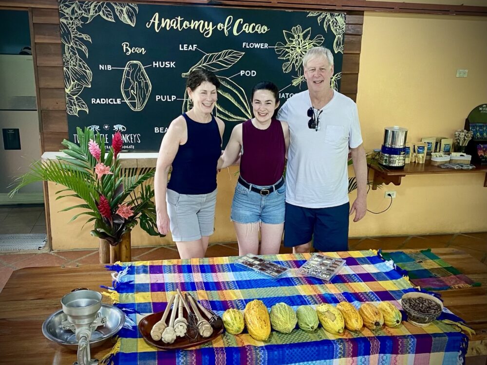 Travelers at the cacao workshop at Two Little Monkeys, Costa Rica.