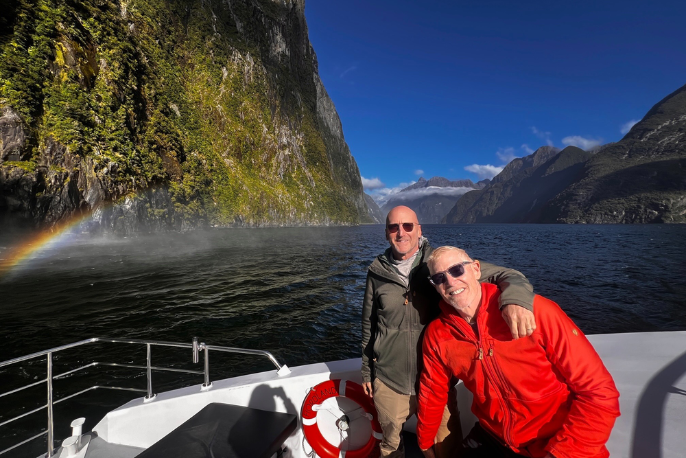 Travelers Jeff Grinspoon and Jon Foley found a rainbow near Sterling Falls in Milford Sound, New Zealand.