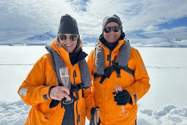 Travelers celebrated their arrival in Antarctica with champagne.