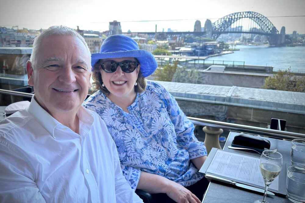 Wendy Perrin and Stuart Rigg at a cafe in Sydney.