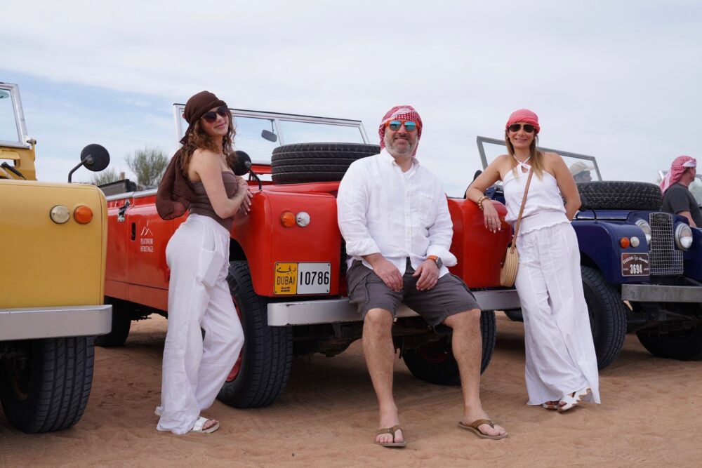 Traveler Lauren Schor and family ventured into the desert outside Dubai via vintage Land Rovers.
