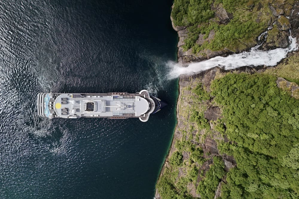 The National Geographic Endurance ship sailing in Melfjordbotn, Norway.