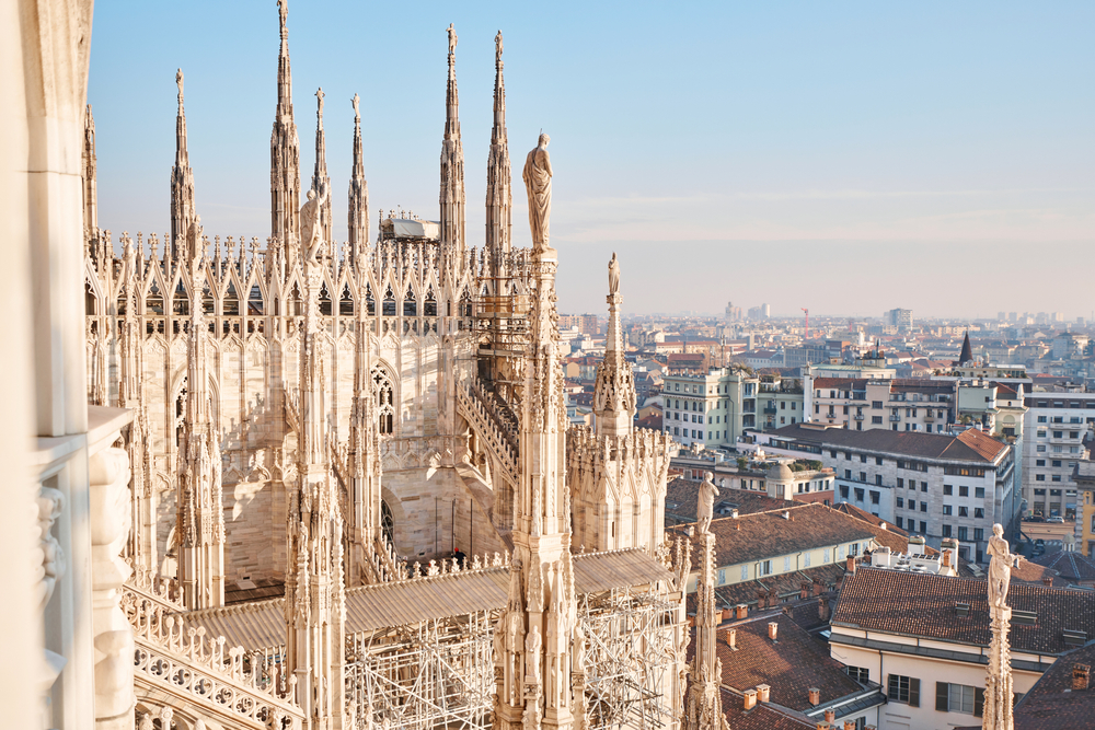 The view from the Old Gothic spires of Milan Cathedral, Duomo Di Milano, Italy. 