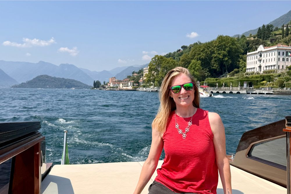 Brook Wilkinson on a private water taxi on Lake Como.