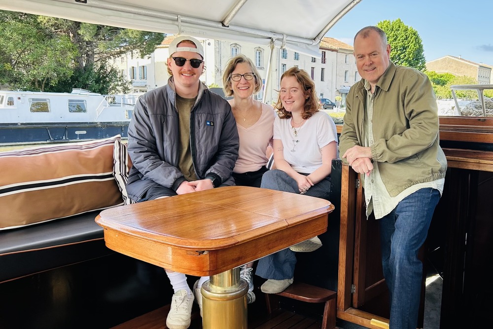 Mary and her family on the Esperance barge cruise on the Canal du Midi in France.