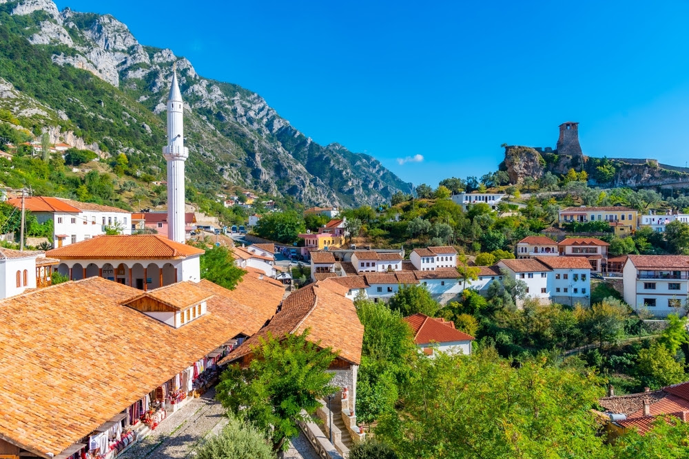 Aerial view of Kruja Castle and bazaar in Albania.
